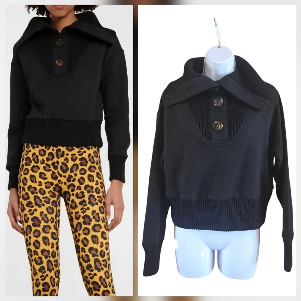VARLEY Milan Sweater Cotton Blend Ribbed Details Buttons Pullover Black SZ XS